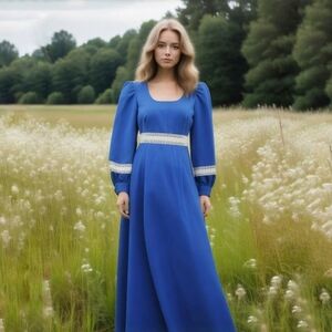 Vintage 70s Royal Blue White Lace Maxi Dress Empire Waist